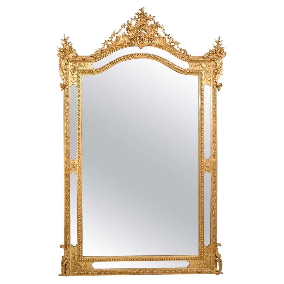 Antique Gilt Wall Mirror with Flowers and Cup, Gold Leaf Frame, XIX