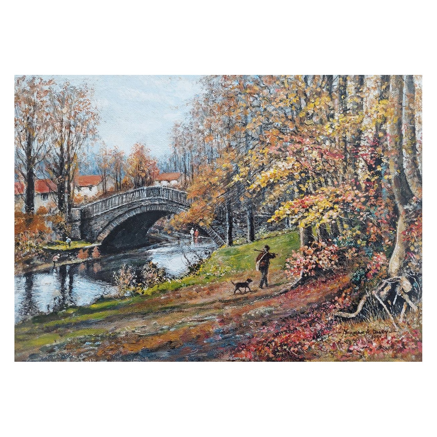 Traditionelles englisches Gemälde eines Jagdmanns und eines Hundes an der Yorkshire Bridge