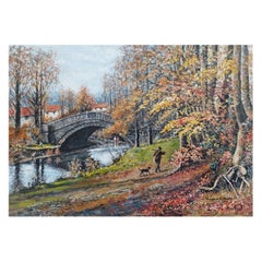 Antique Traditional English Painting Huntsman and Dog by a Yorkshire Bridge