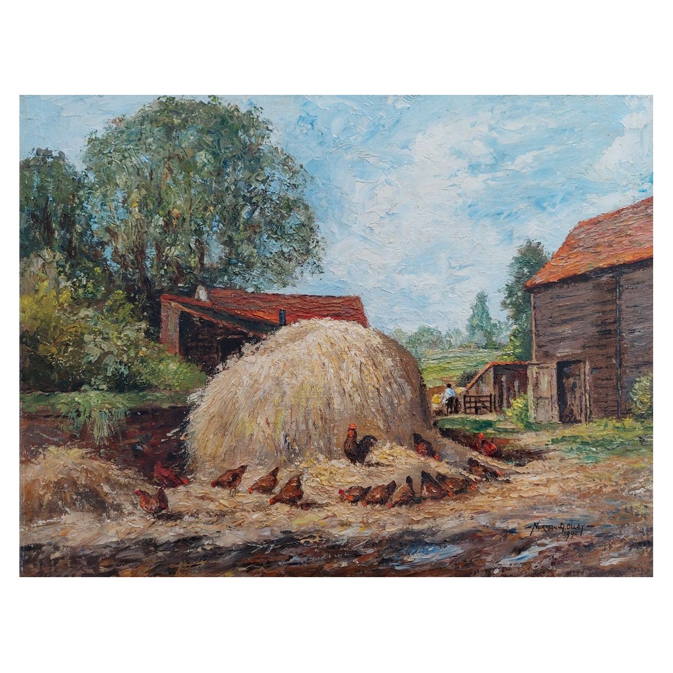 Traditionelles englisches Gemälde von Hühnern auf der Farm in Thames Ditton Surrey im Angebot