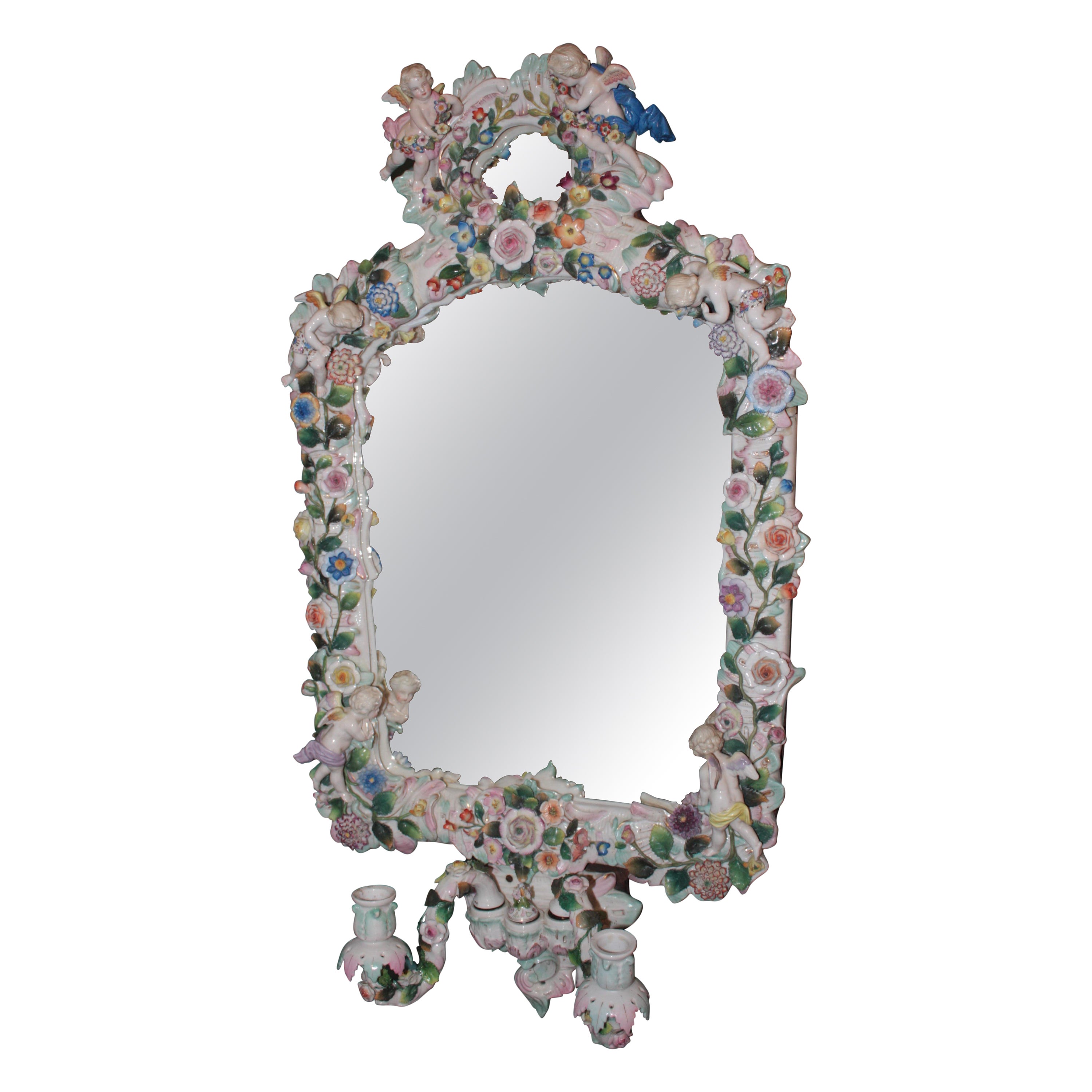 Belle Époque Sitzendorf Porcelain-Mounted Mirror, Encrusted with Flowers For Sale