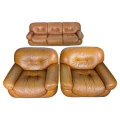 Vintage Sofa Set in Cognac Leather by Sapporo for Mobil Girgi, Italy, 1970s