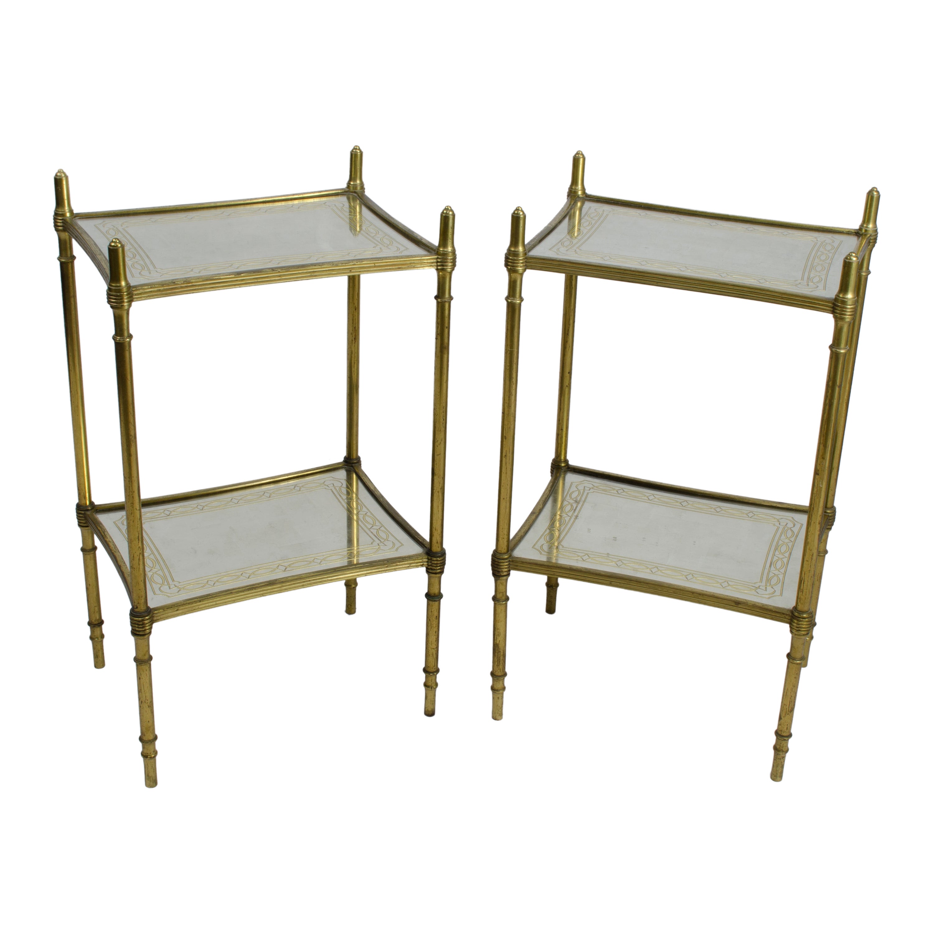Pair of Gilt-Bronze and Églomisé Two Tiers Side Tables, Probably Maison Jansen For Sale
