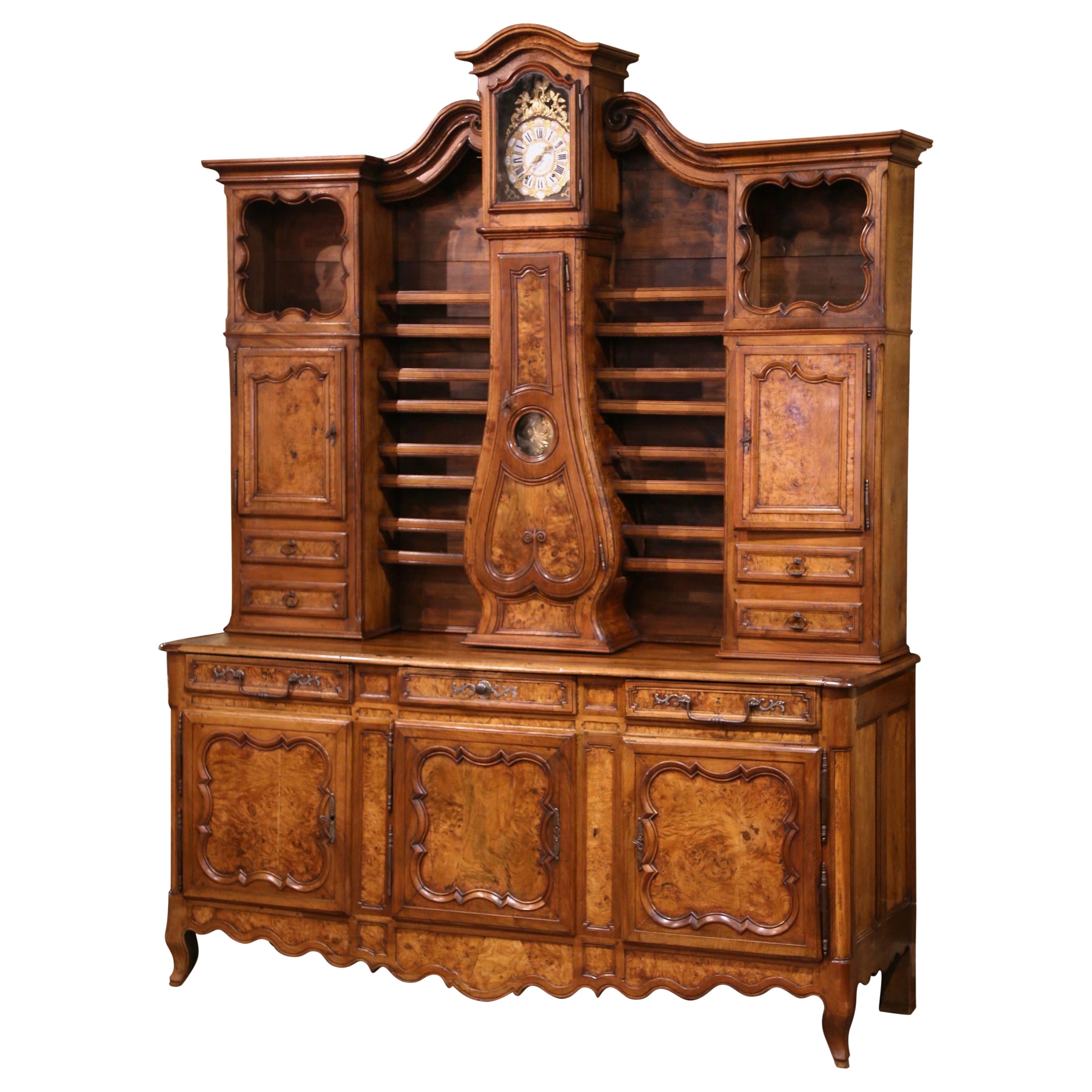 18th Century French Louis XV Carved Burl Walnut Clock Vaisselier from Lyon For Sale