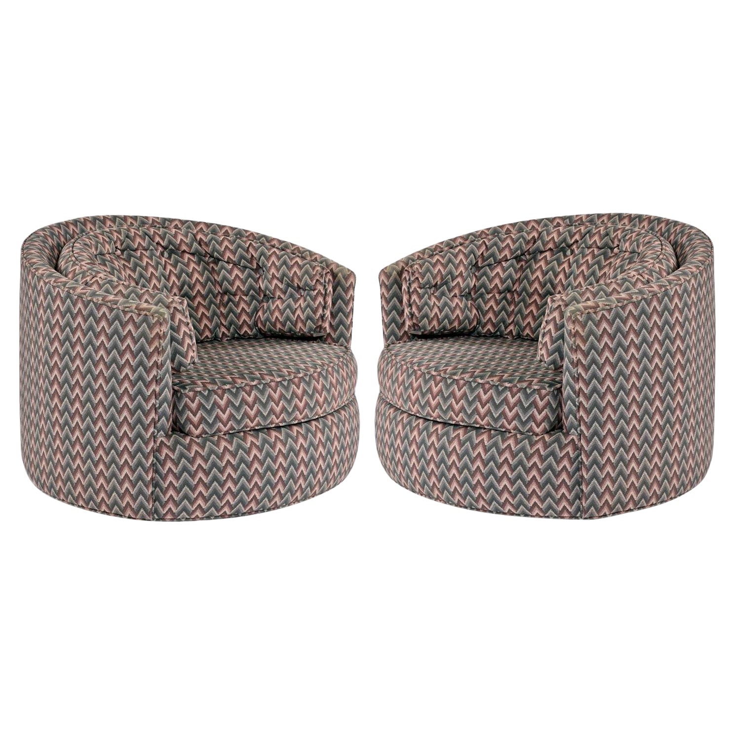 Milo Baughman Style Chevron Fabric Tufted Swivel Barrel Tub Chairs