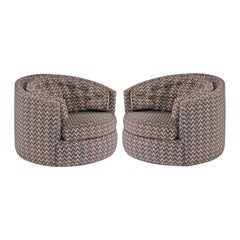 Milo Baughman Style Chevron Fabric Tufted Swivel Barrel Tub Chairs