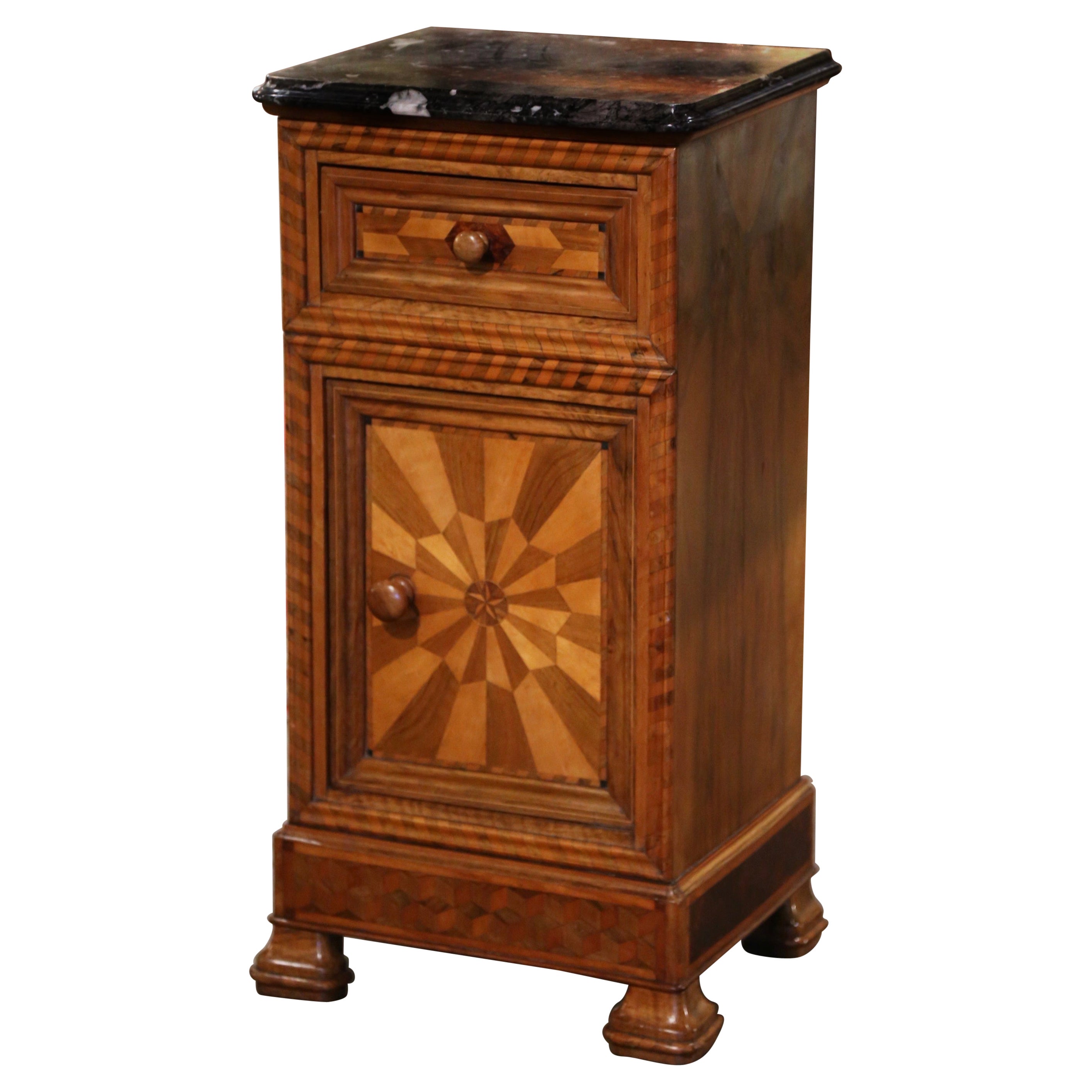 19th Century French Louis Philippe Marble Top Walnut Marquetry Bedside Table For Sale
