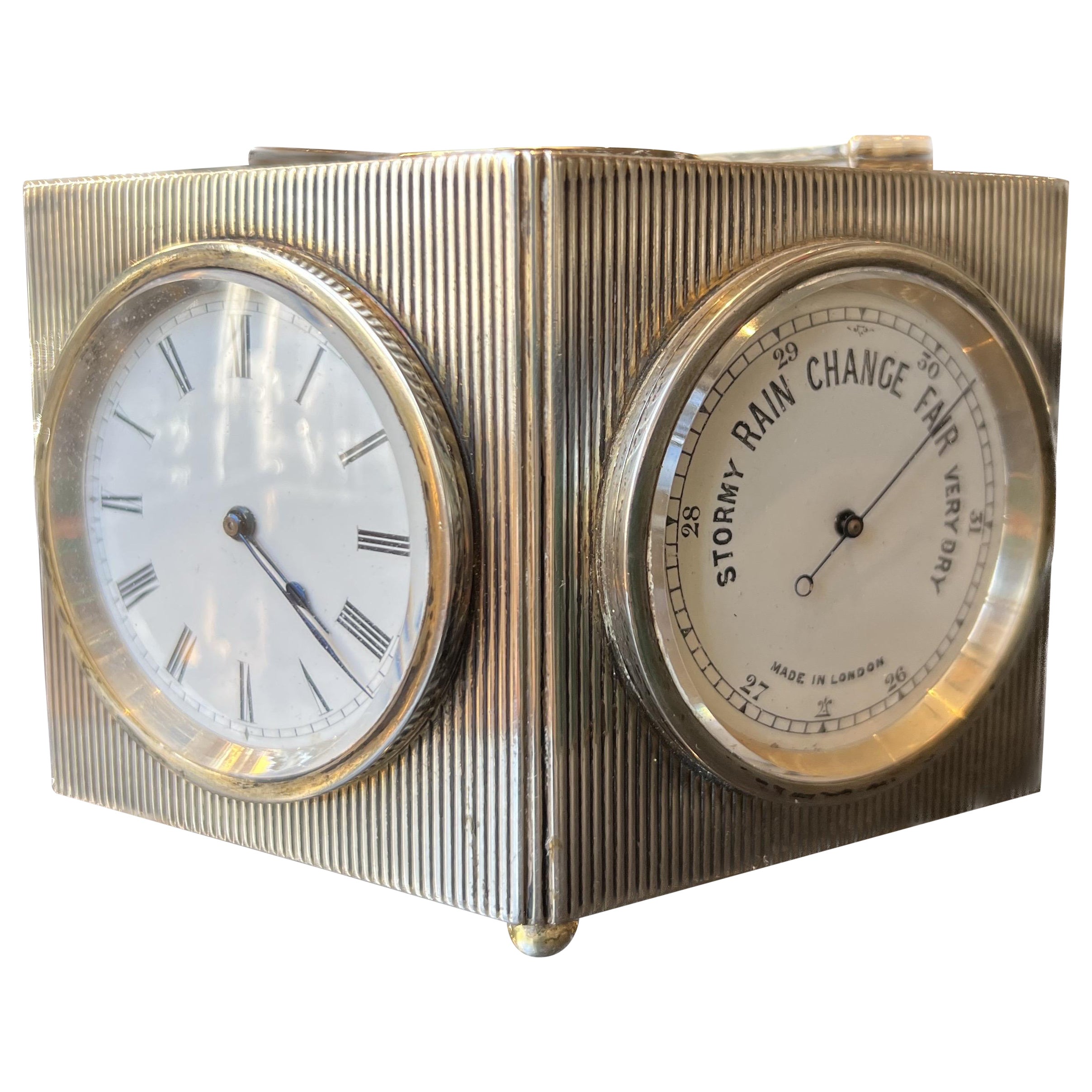 Sterling Silver Combination Lozenge Clock with Compass, Barometer, Thermometers