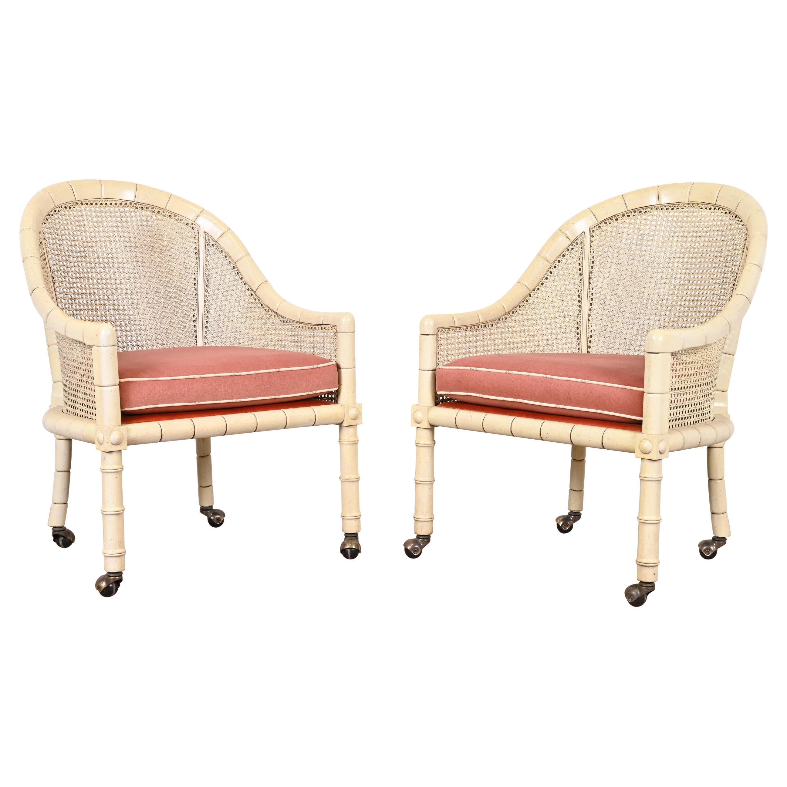 John Widdicomb Regency Faux Bamboo and Cane Club Chairs, Pair