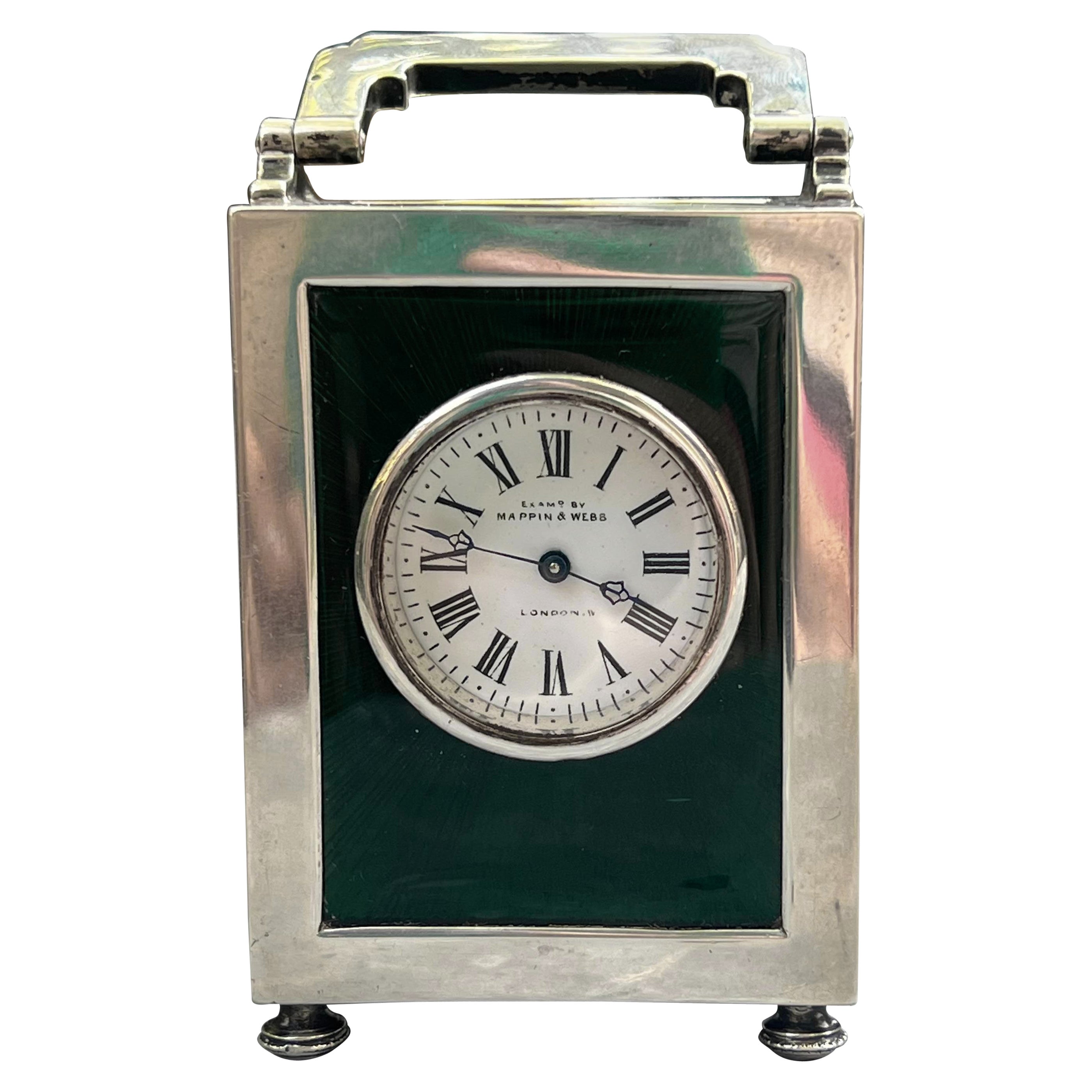 Mappin & Webb 1895 Sterling Trim w/Green Guilloche Enamel Carriage Clock - works For Sale
