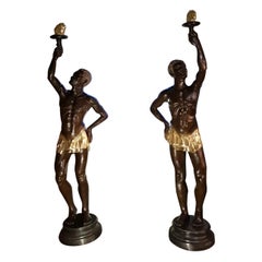 Vintage Pair of Gigantic Bronze Statutes Representing Nubians Carrying Torches