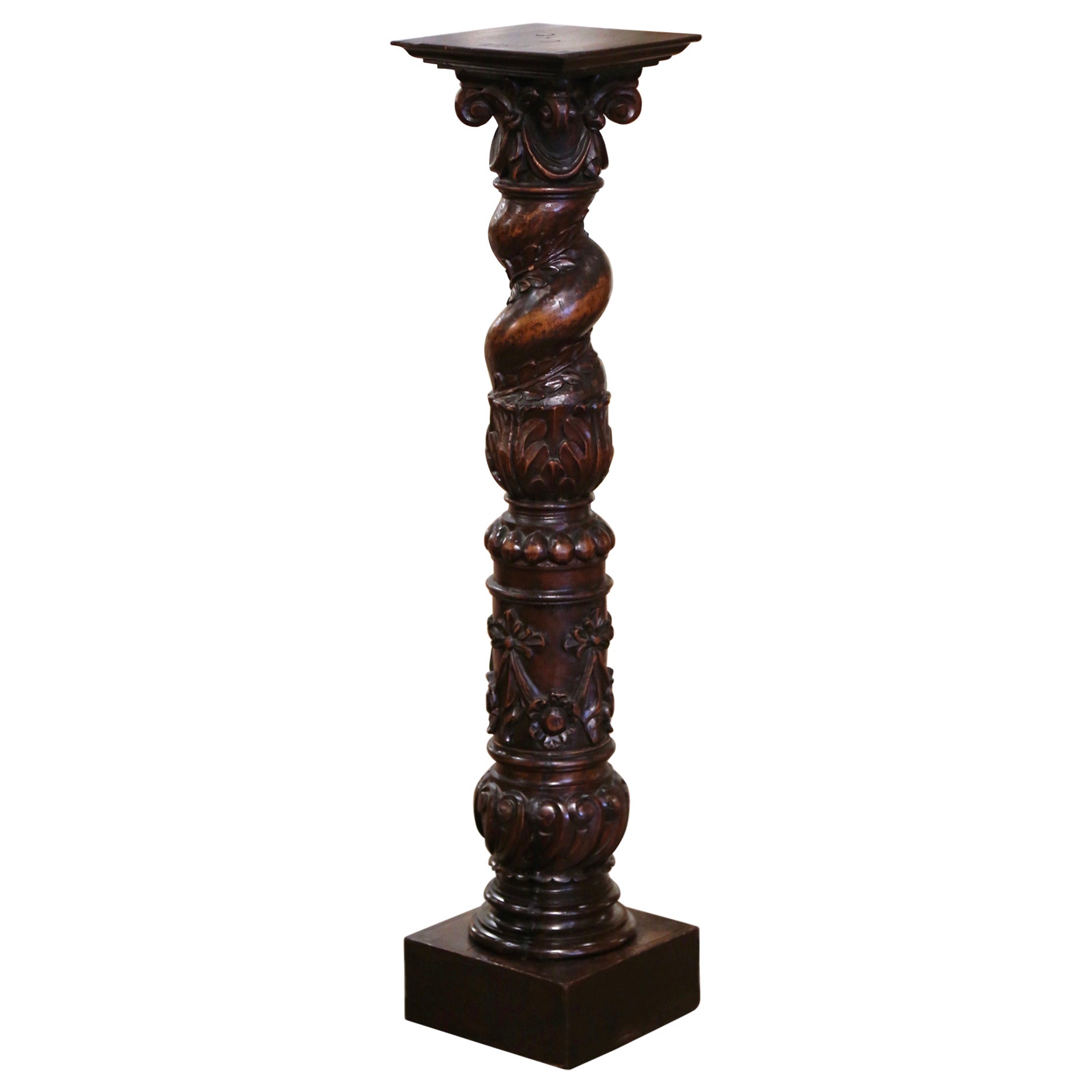 19th Century French Louis XIII Hand Carved Walnut Pedestal Column from Burgundy