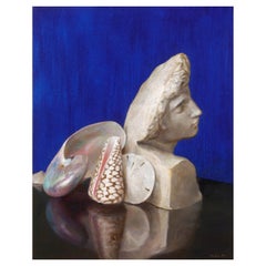 Blue Still Life, Oil on Panel, Painting with Seashell Collection & Marble Bust