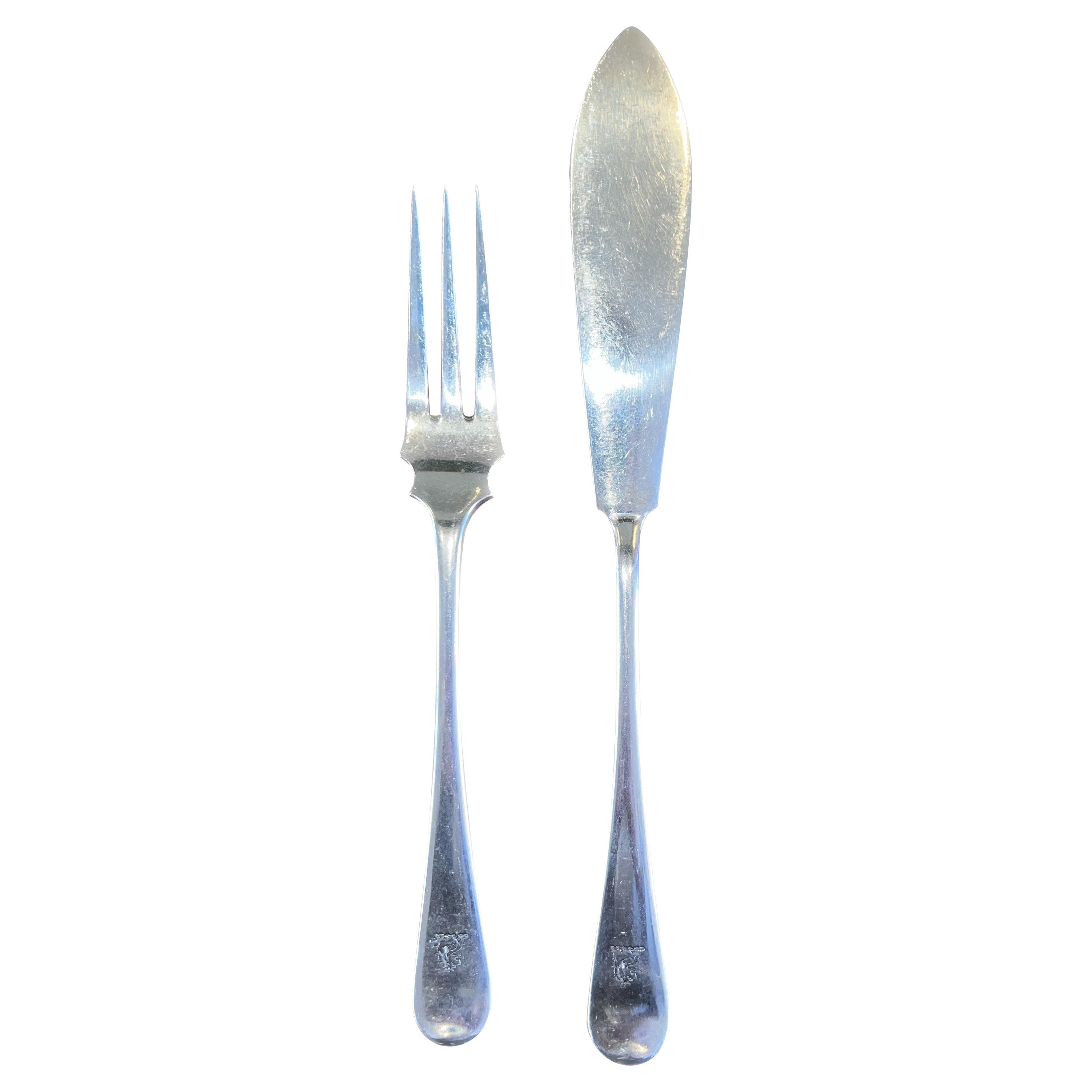 Unicorn Monogrammed Sterling Silver 12 Fork & 10 Knife Fish Set