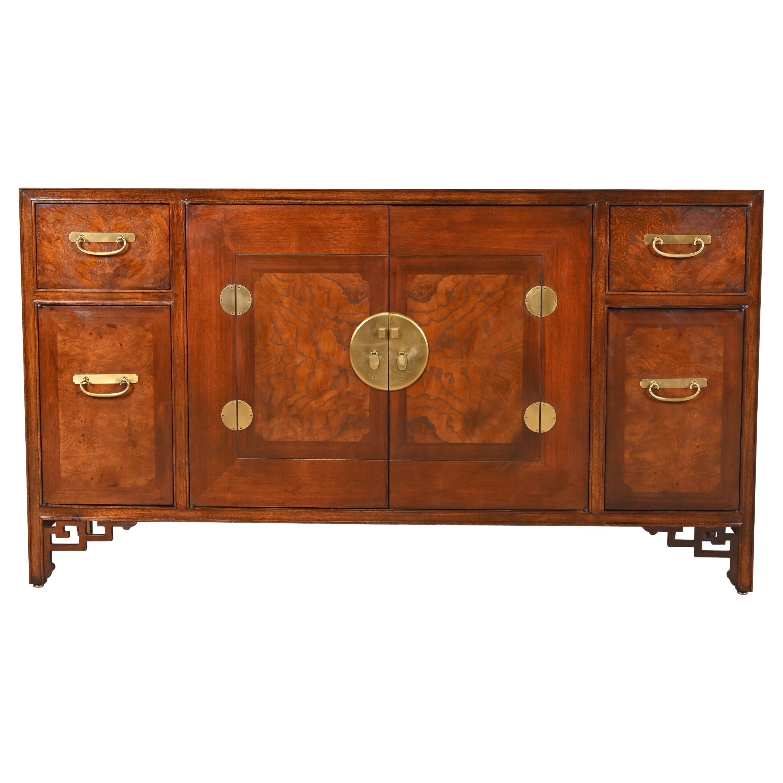 Michael Taylor for Baker Hollywood Regency Chinoiserie Burled Walnut Sideboard