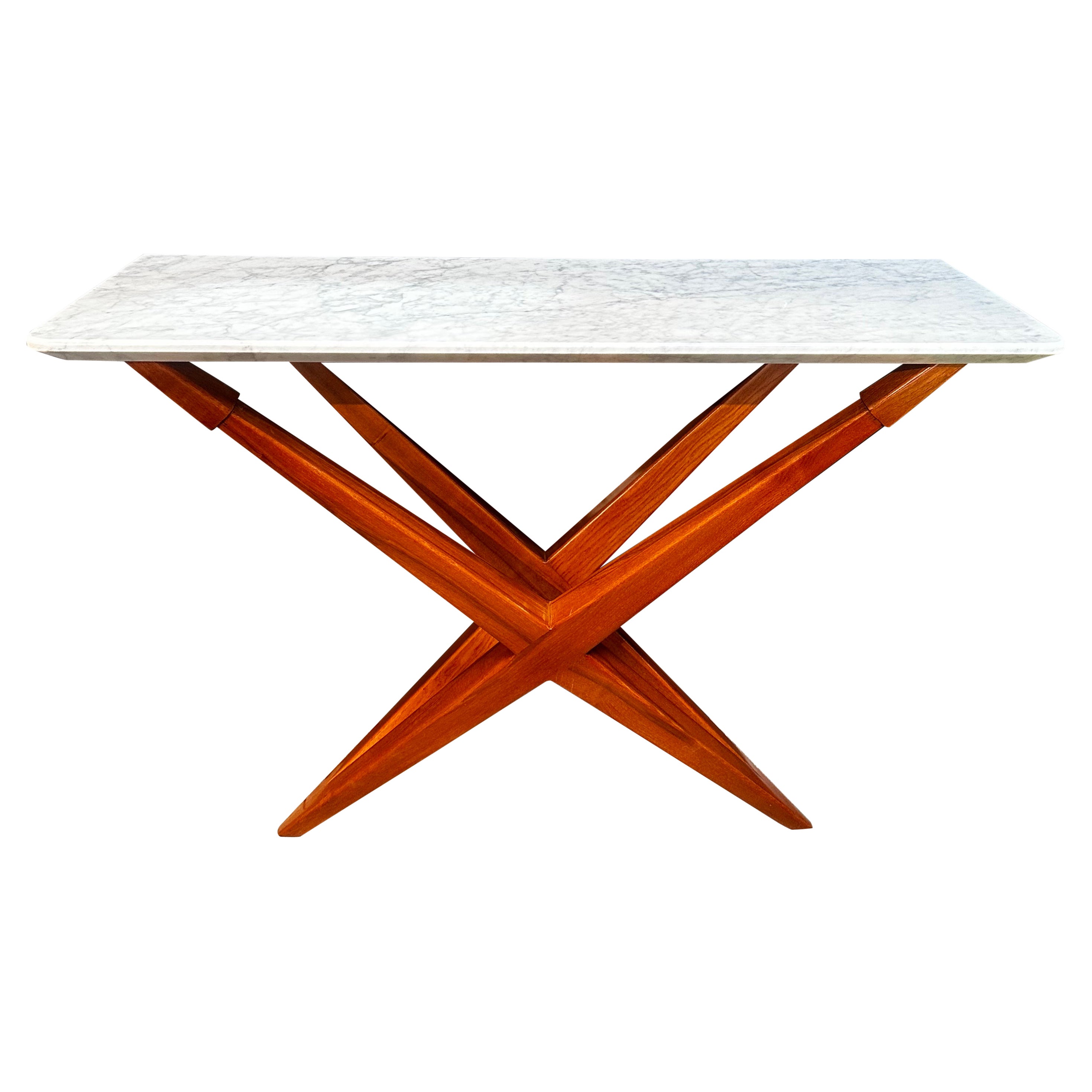 Mid Century Italian Marble and Wood Console, 1980s For Sale