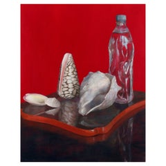 Conchas de mar y botella de agua sobre bandeja lacada, óleo sobre tabla, pintura de bodegón