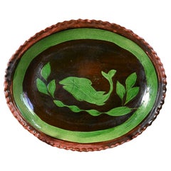 Mexican Patamban Hand Painted Fish Design Folk Art Green & Brown Glazed Platter