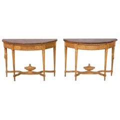 Pair of Carved Neoclassical or Louis XVI Style Beechwood Demilune Consoles