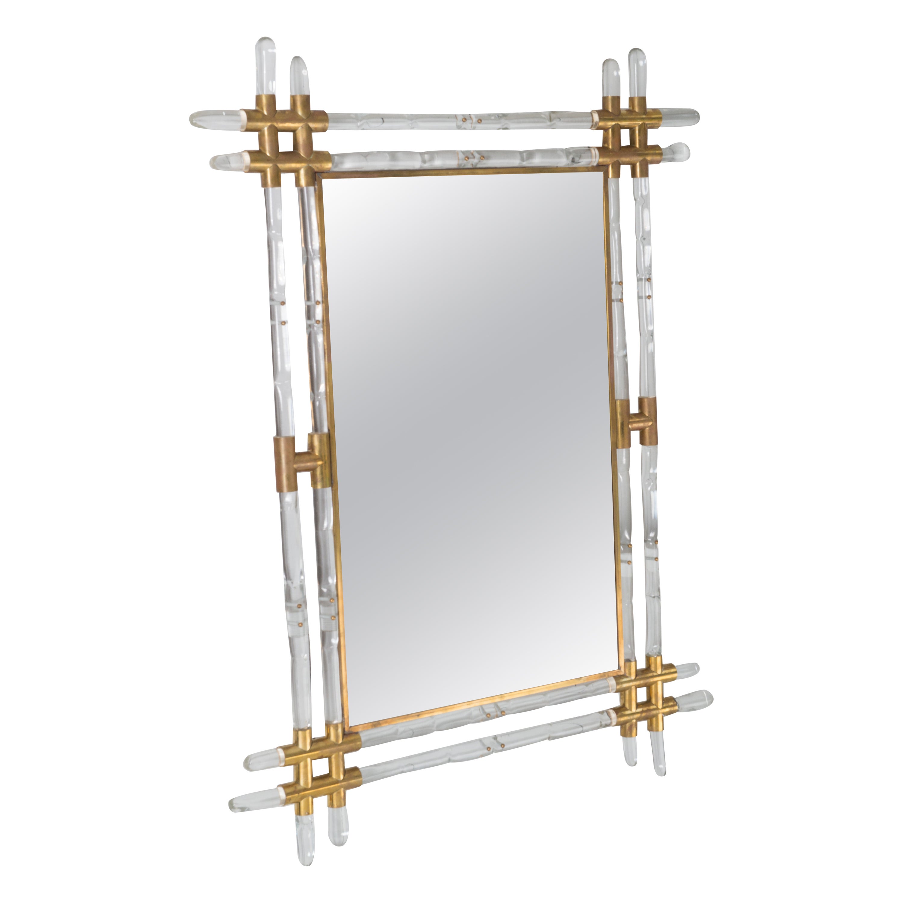 French Lucite and Brass Faux Bamboo Wall Mirror For Sale