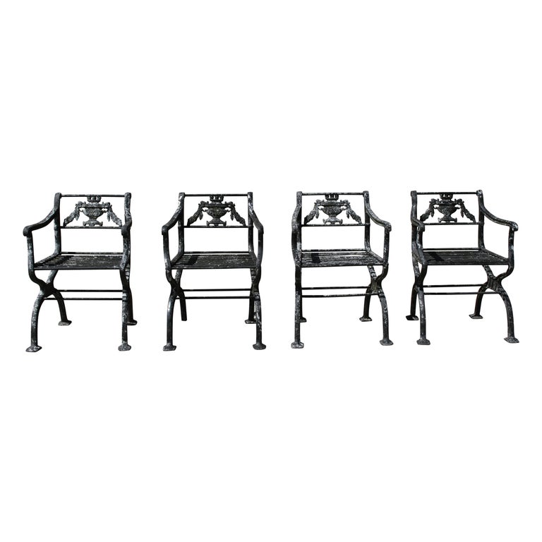 Antique Neoclassical Style Cast Aluminum set of 4 Garden or Patio Arm Chairs For Sale
