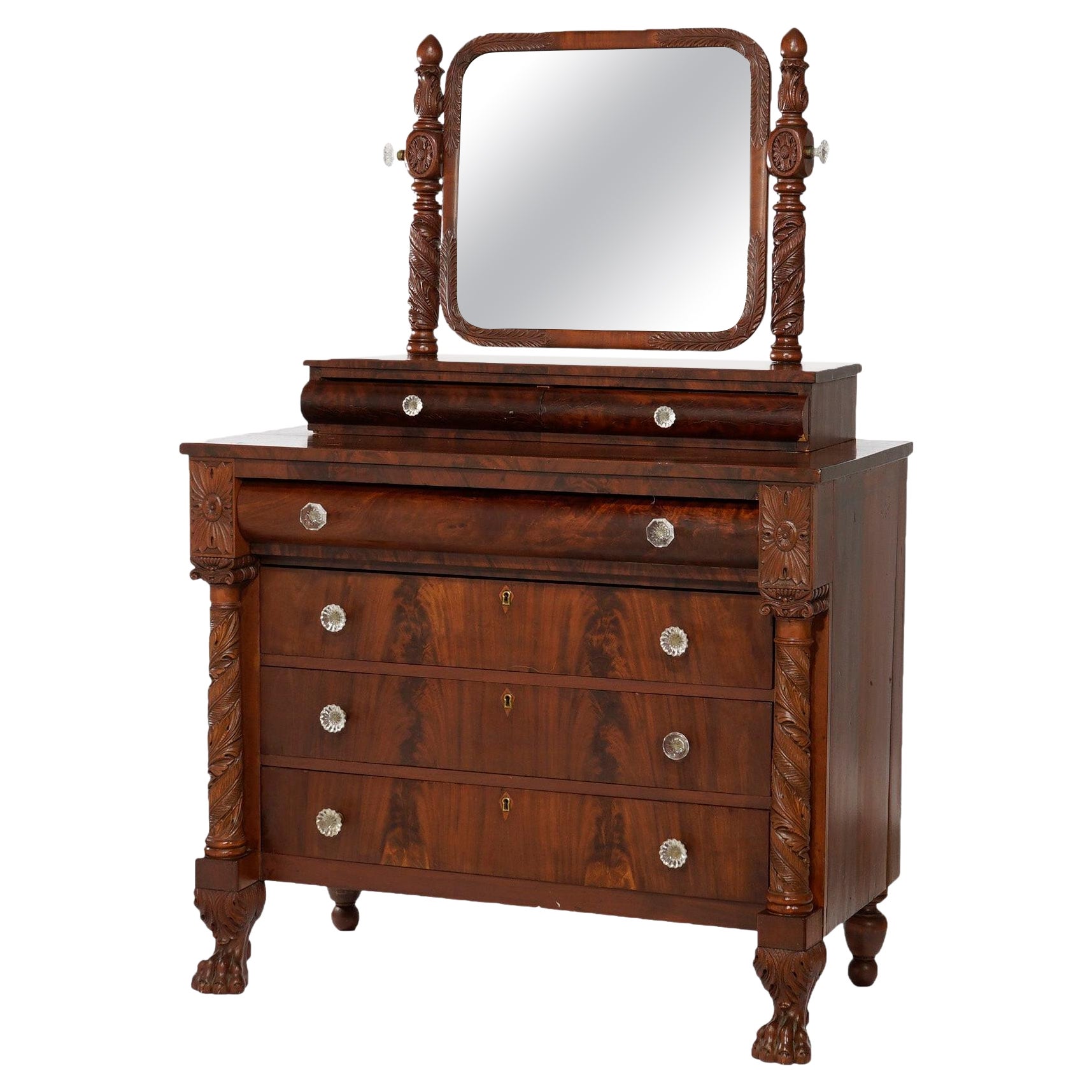 Antique American Empire Carved Flame Mahogany Dresser with Mirror, Circa 1840 For Sale