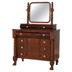 Antique American Empire Carved Flame Mahogany Dresser with Mirror, Circa 1840