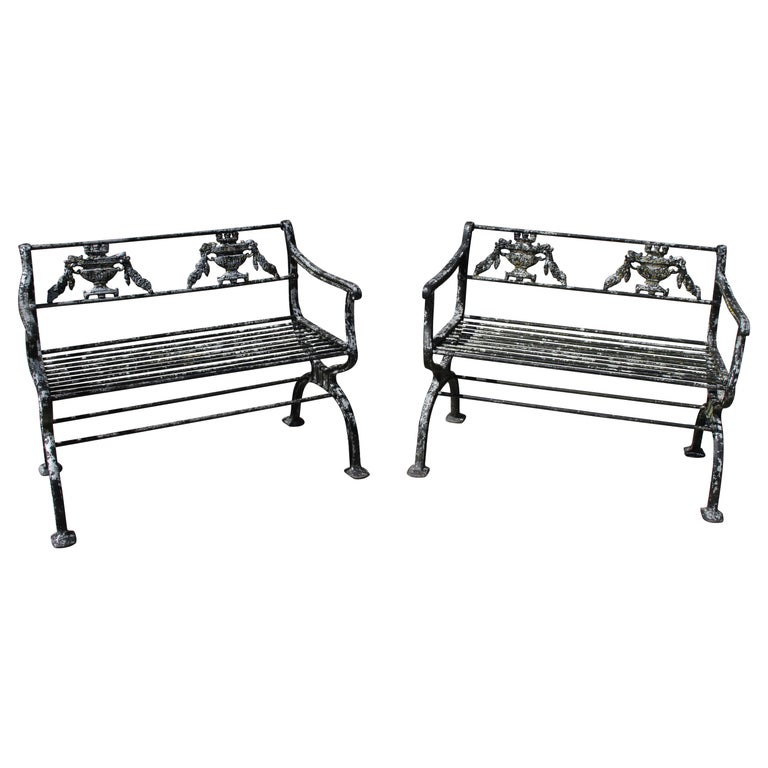 Antique Neoclassical Style Cast Aluminum Pair of Garden Patio Benches Urn Motif For Sale