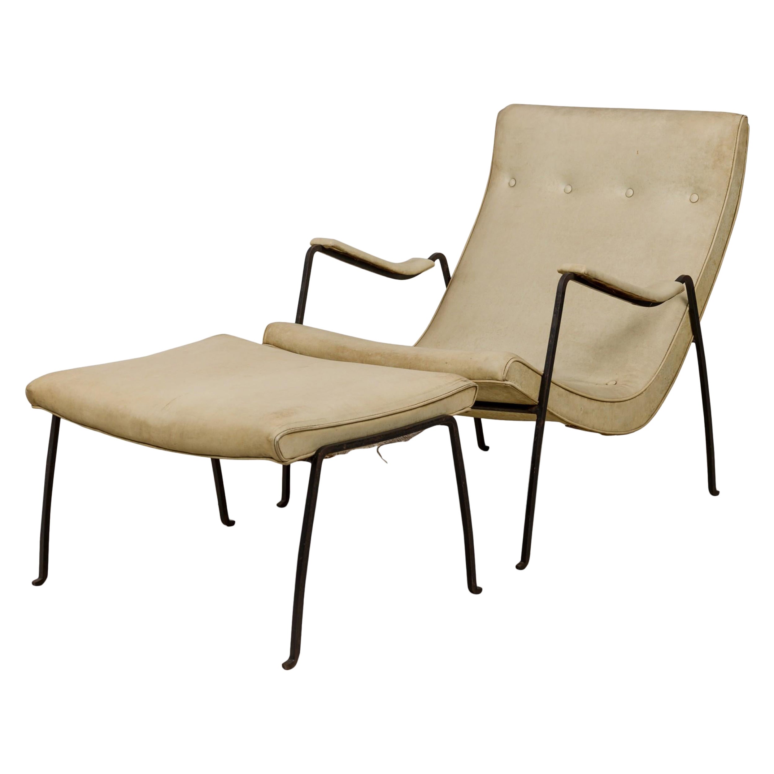 Milo Baughman Beige Leather and Iron Armchair and Ottoman Set For Sale
