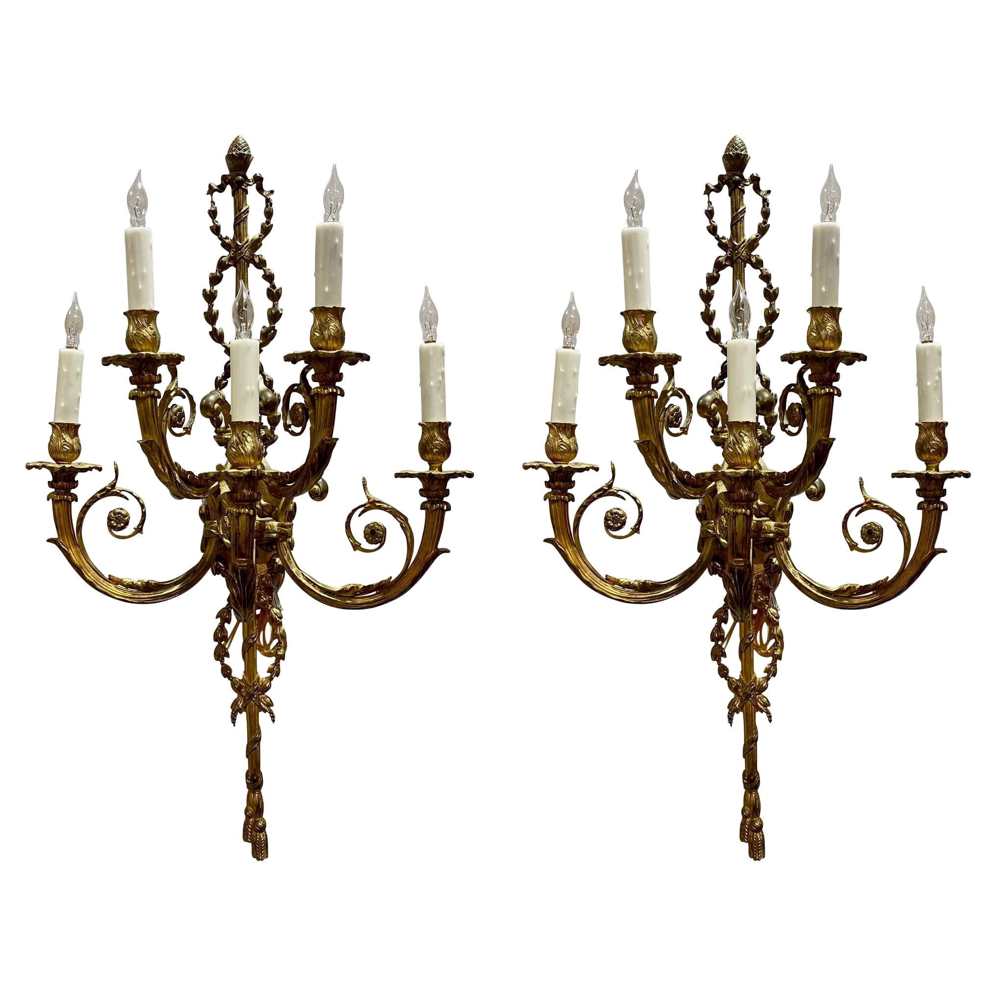 Pair of 19th Century French Louis XVI Style Gilt Bronze Wall Sconces For Sale