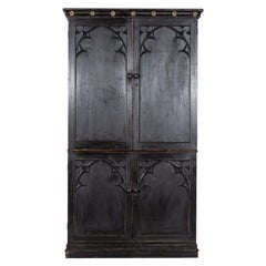 Antique Large 19thC English Ebonised Gothic Pine Linen Press