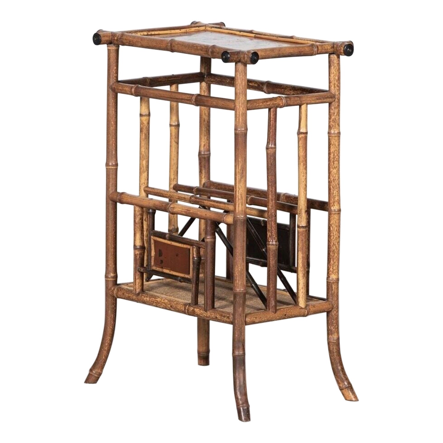 English 19thC Bamboo Side Table Magazine Rack For Sale