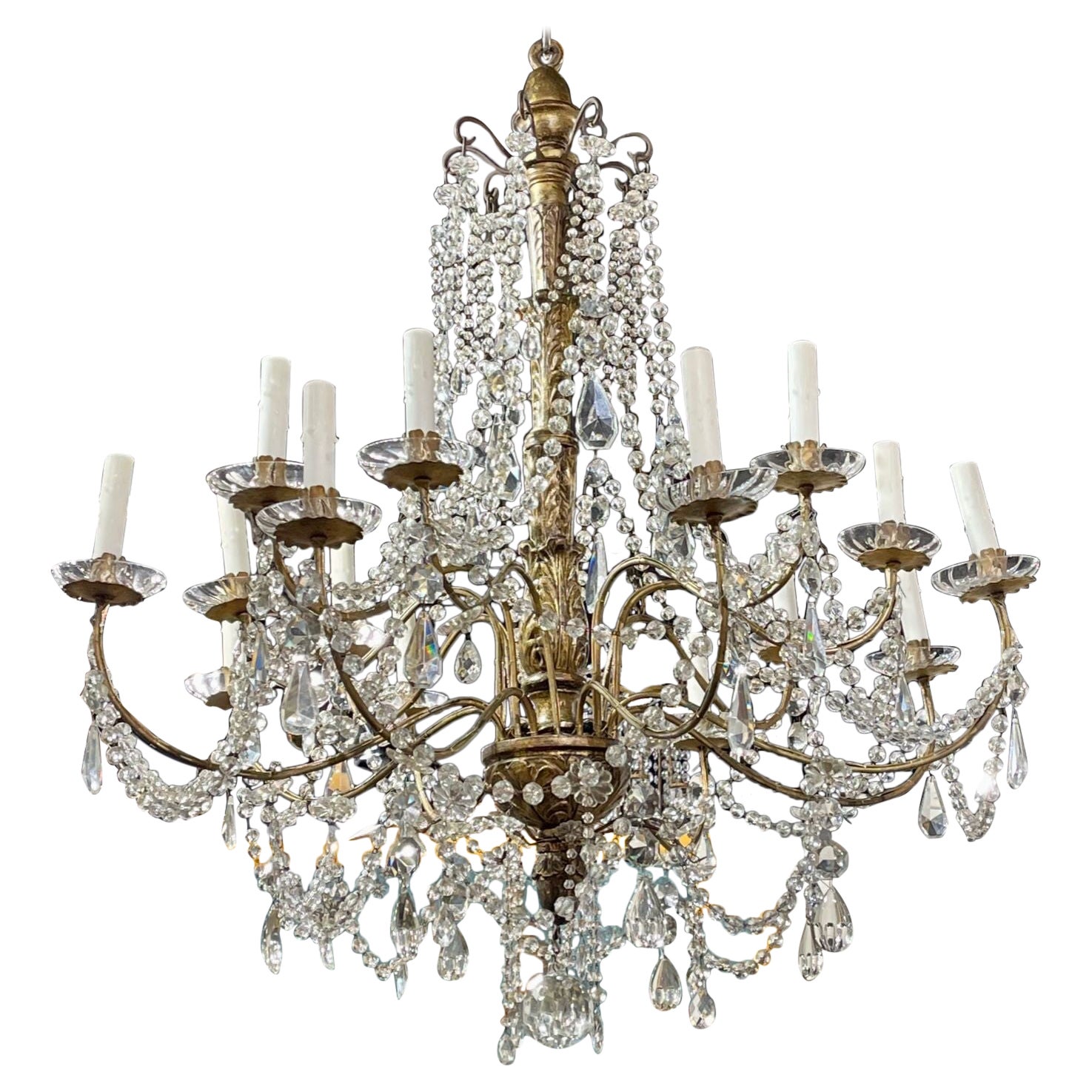 Lustre italien du XIXe siècle en bois doré et cristal