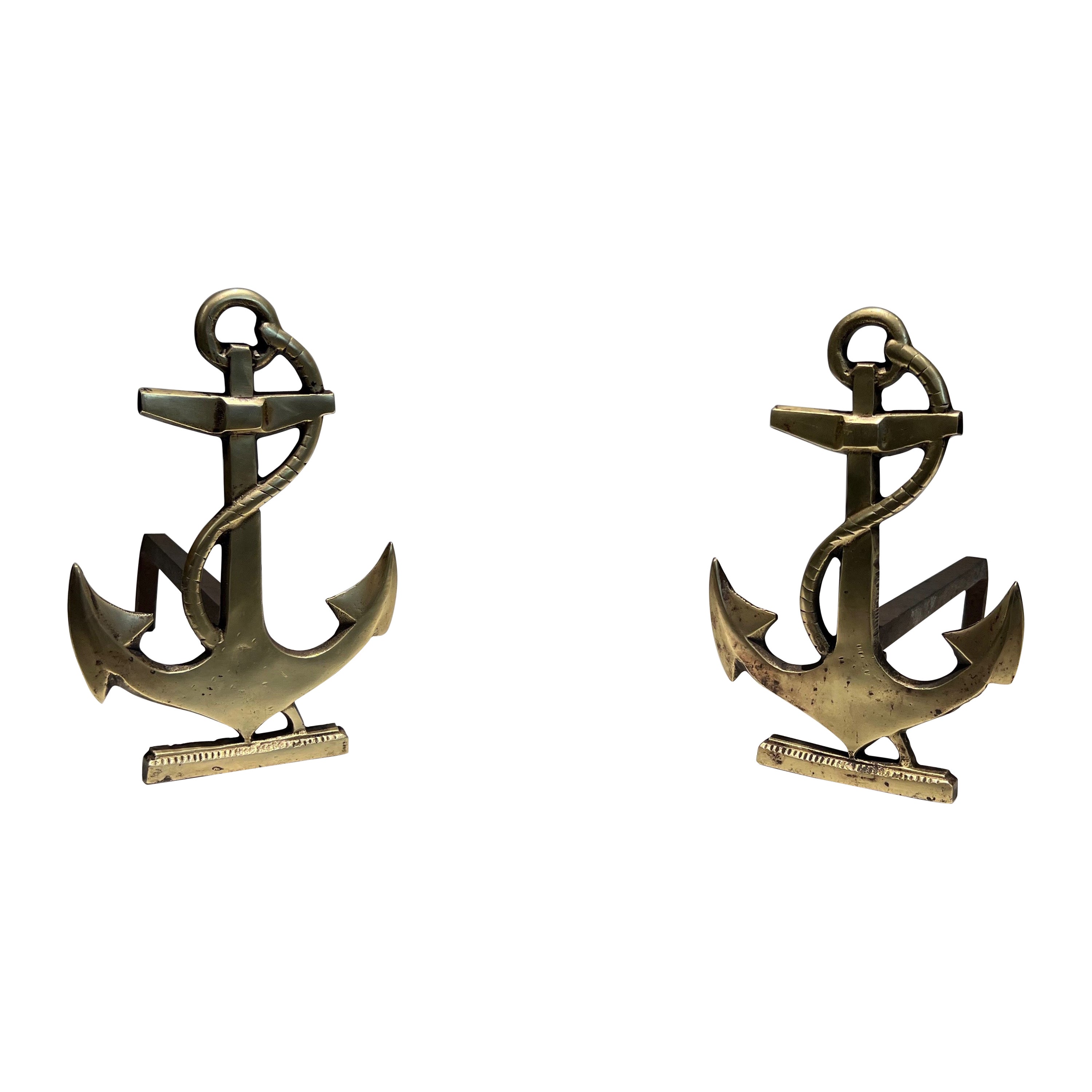 Pair of Boat Anchor Brass Andirons For Sale