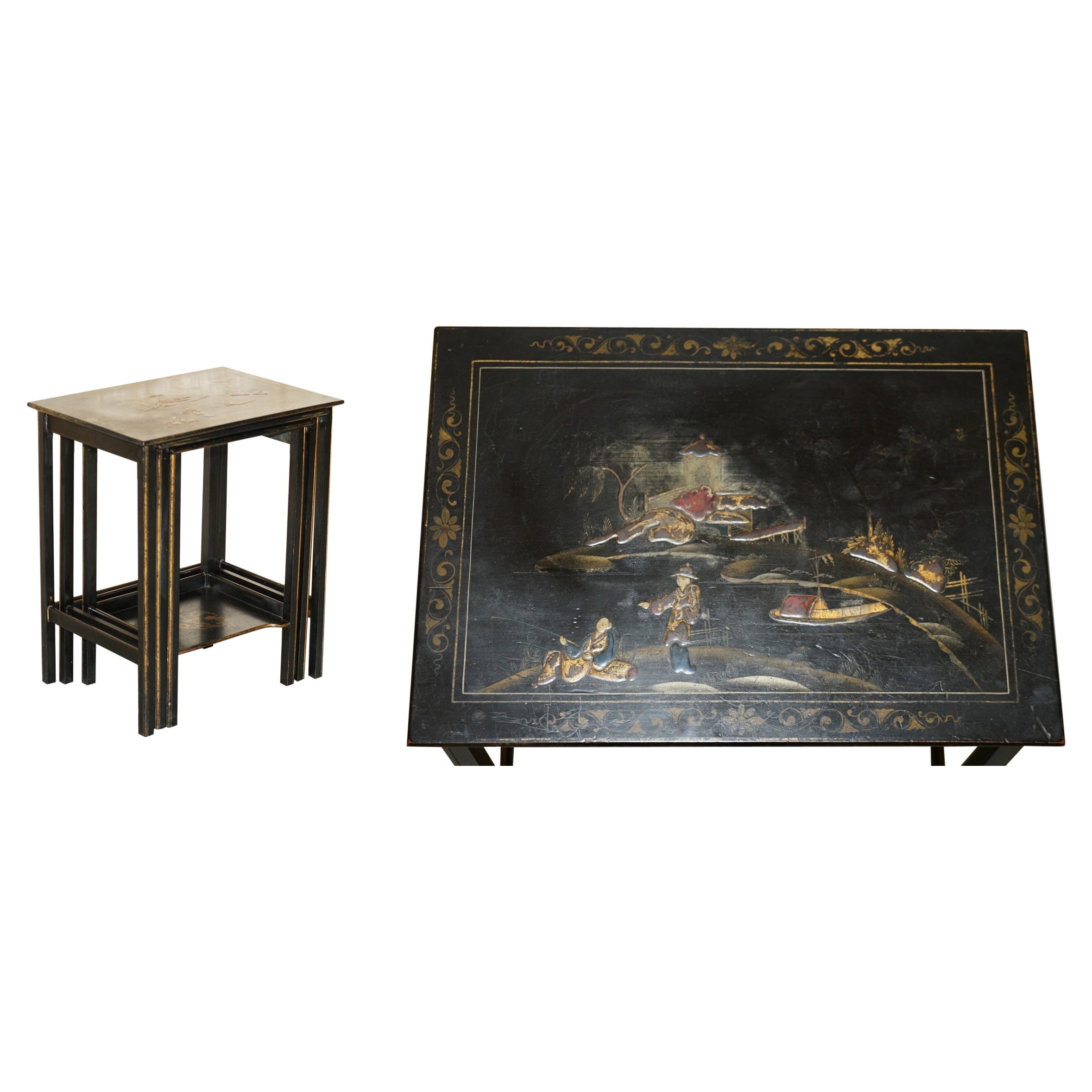 Nest of Three circa 1900 Chinese Chinoiserie Lacqurered Side Tables Hand Painted For Sale