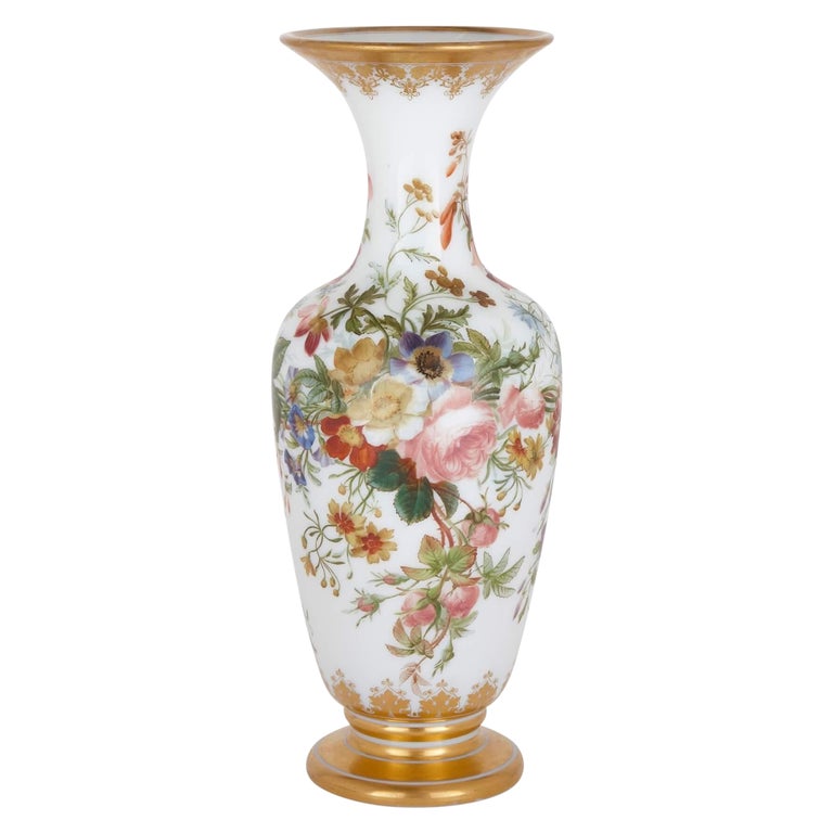 Floral Painted Antique Glass Vase by Baccarat For Sale at 1stDibs