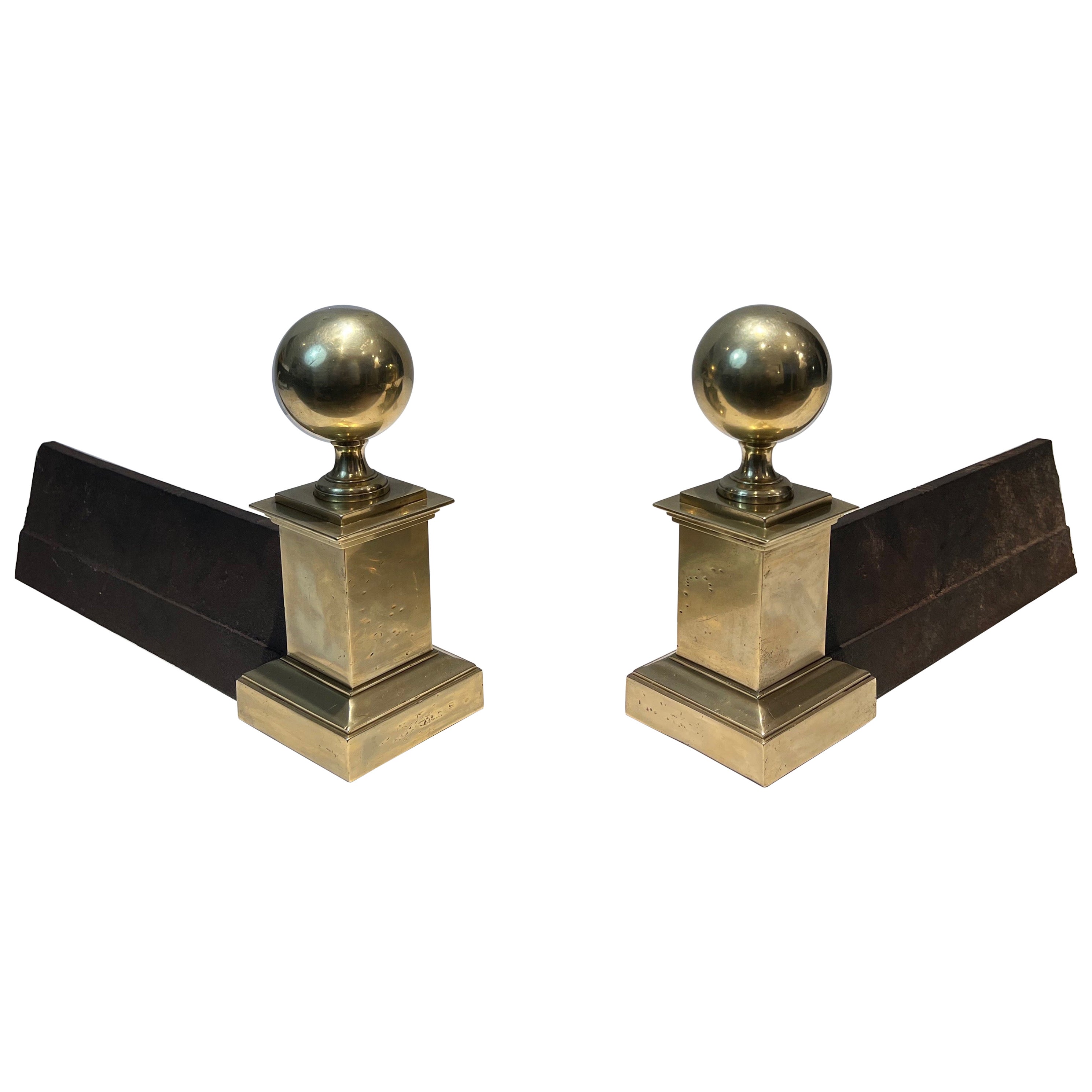 Large Pair of Brass Andirons