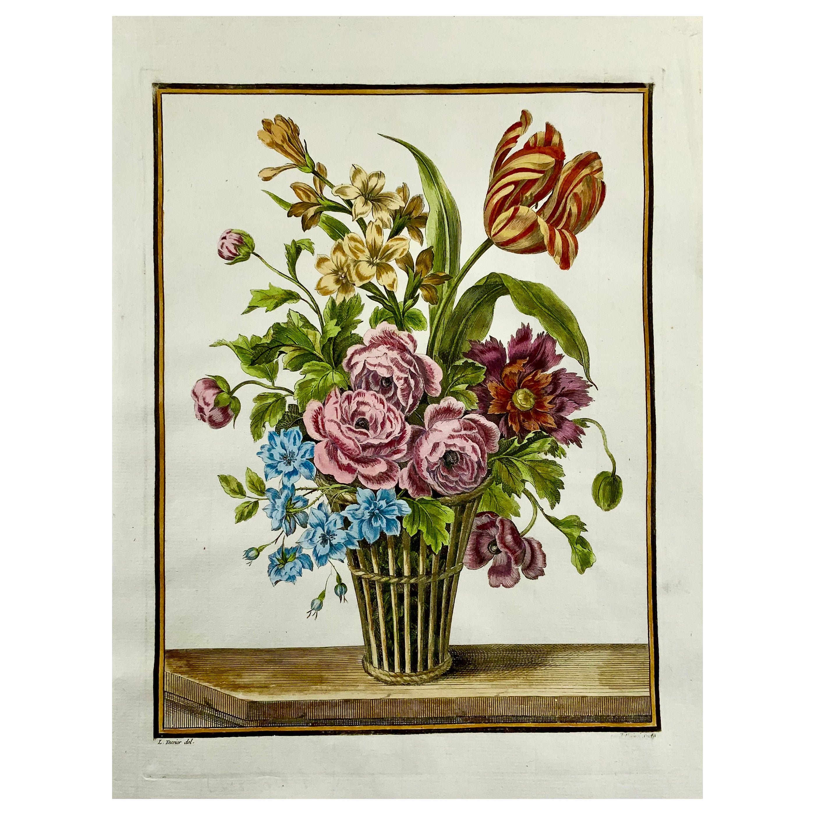 1780 Floral Spring Bouquet, Louis Tessier, Folio, Tulip, Poeny, Hand Coloured For Sale