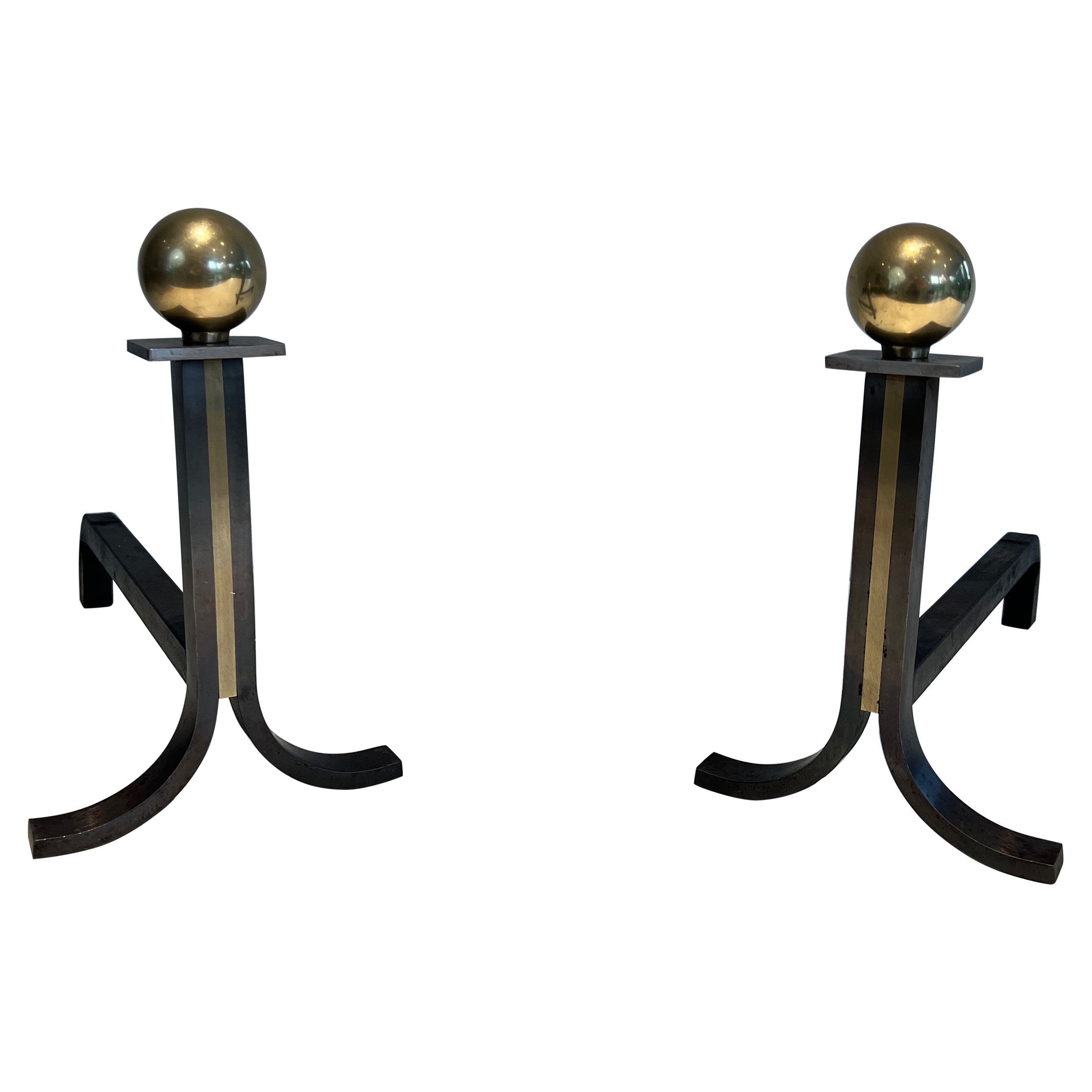 Streamline Art Deco Solid Brass Fireplace Andirons in the Style of Deskey at 1stDibs