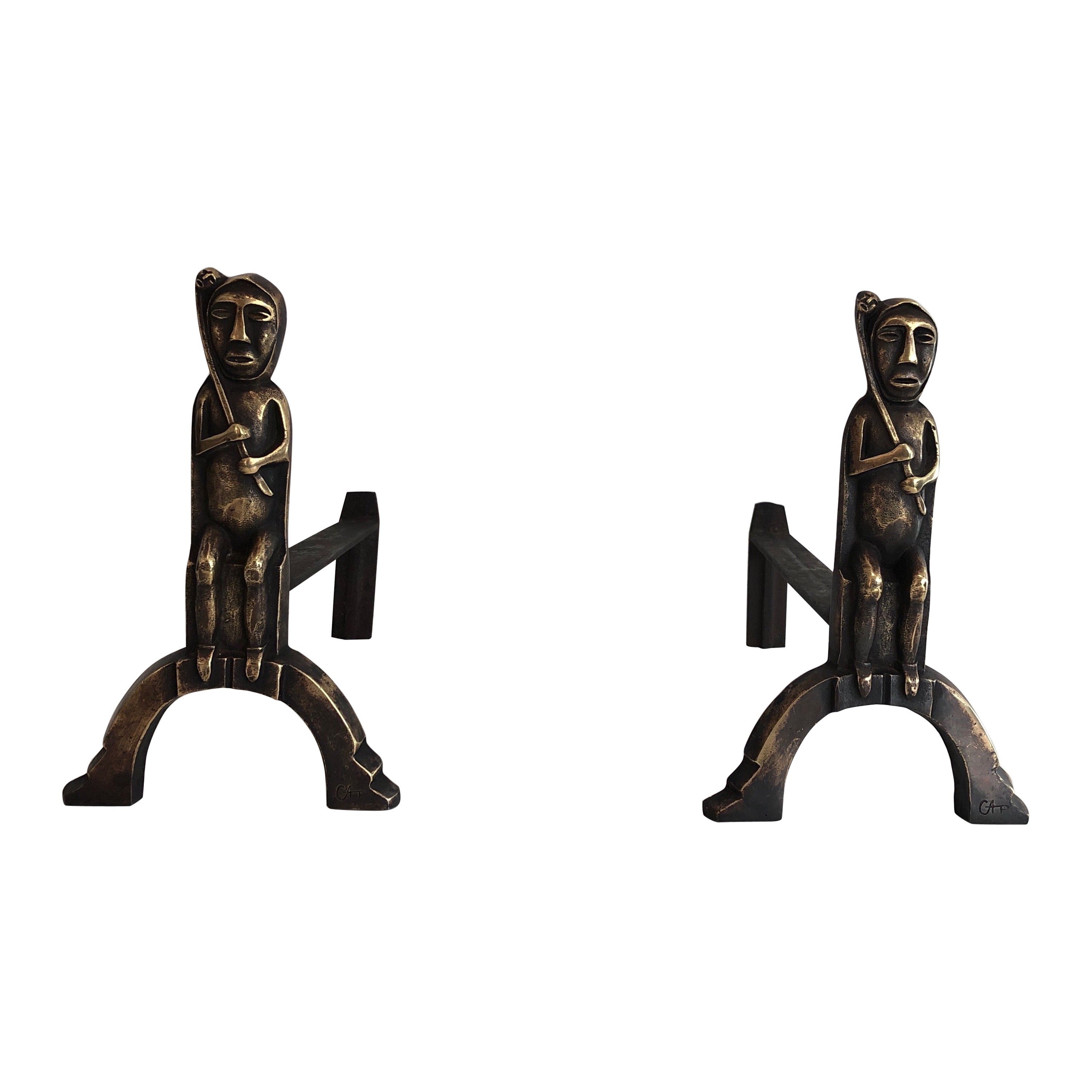 Pair of Bronze Andirons with Seated Shamans, Monogramed by Anton Prinner For Sale