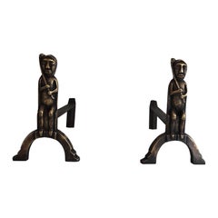 Pair of Bronze Andirons with Seated Shamans, Monogramed by Anton Prinner