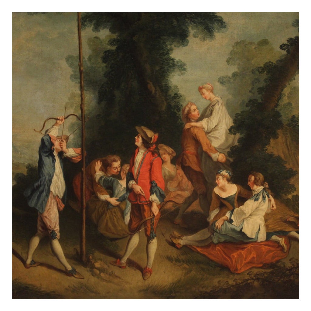 18th Century Oil on Canvas French Antique Gallant Genre Scene Painting, 1770