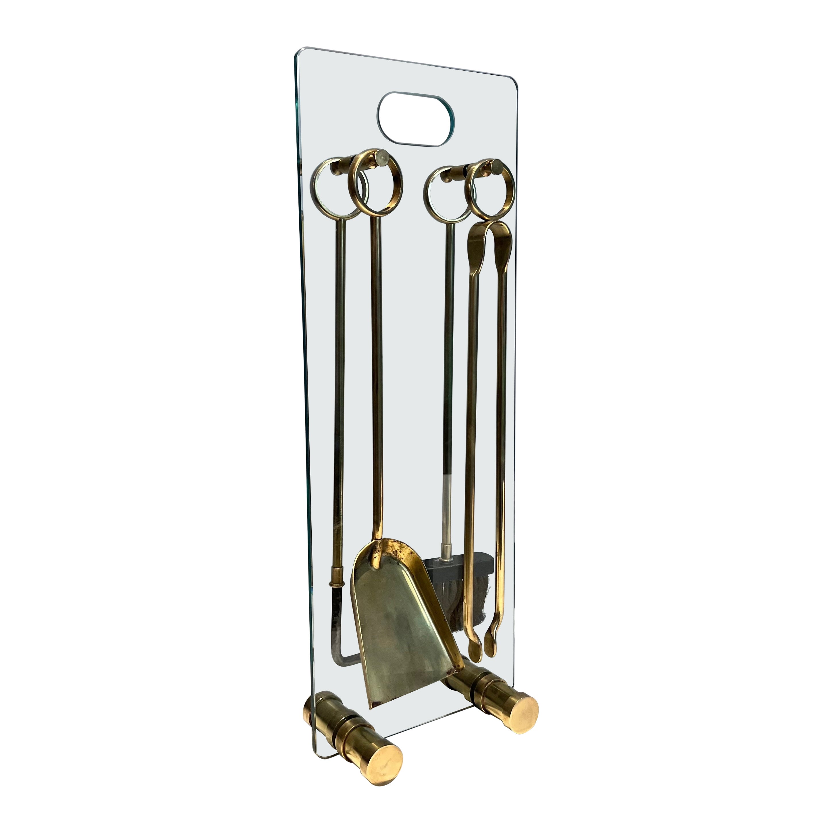 Glass and Brass Design Fireplace Tools For Sale