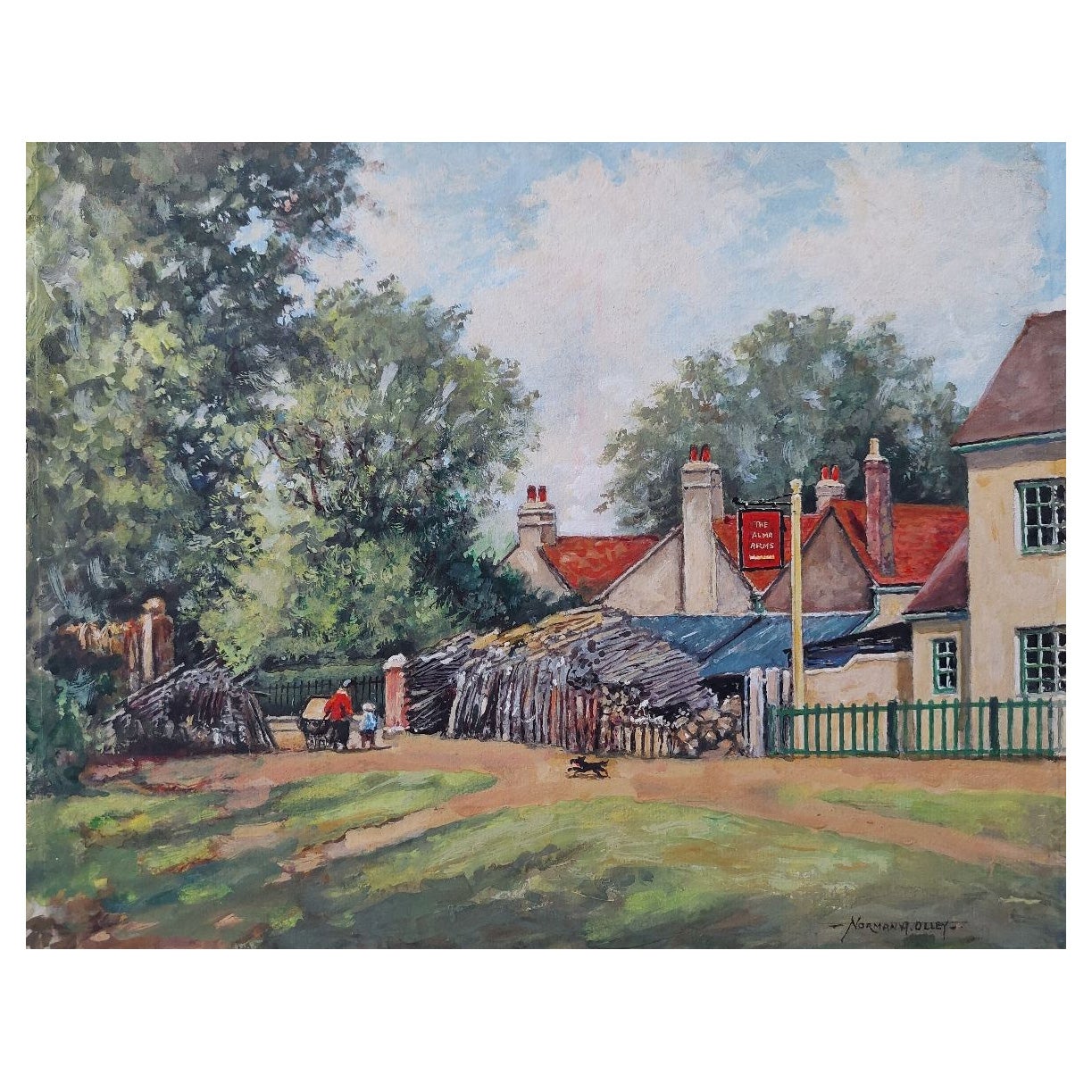Traditional English Painting Woodstacks at the Alma Arms, Weston Green, Surrey For Sale