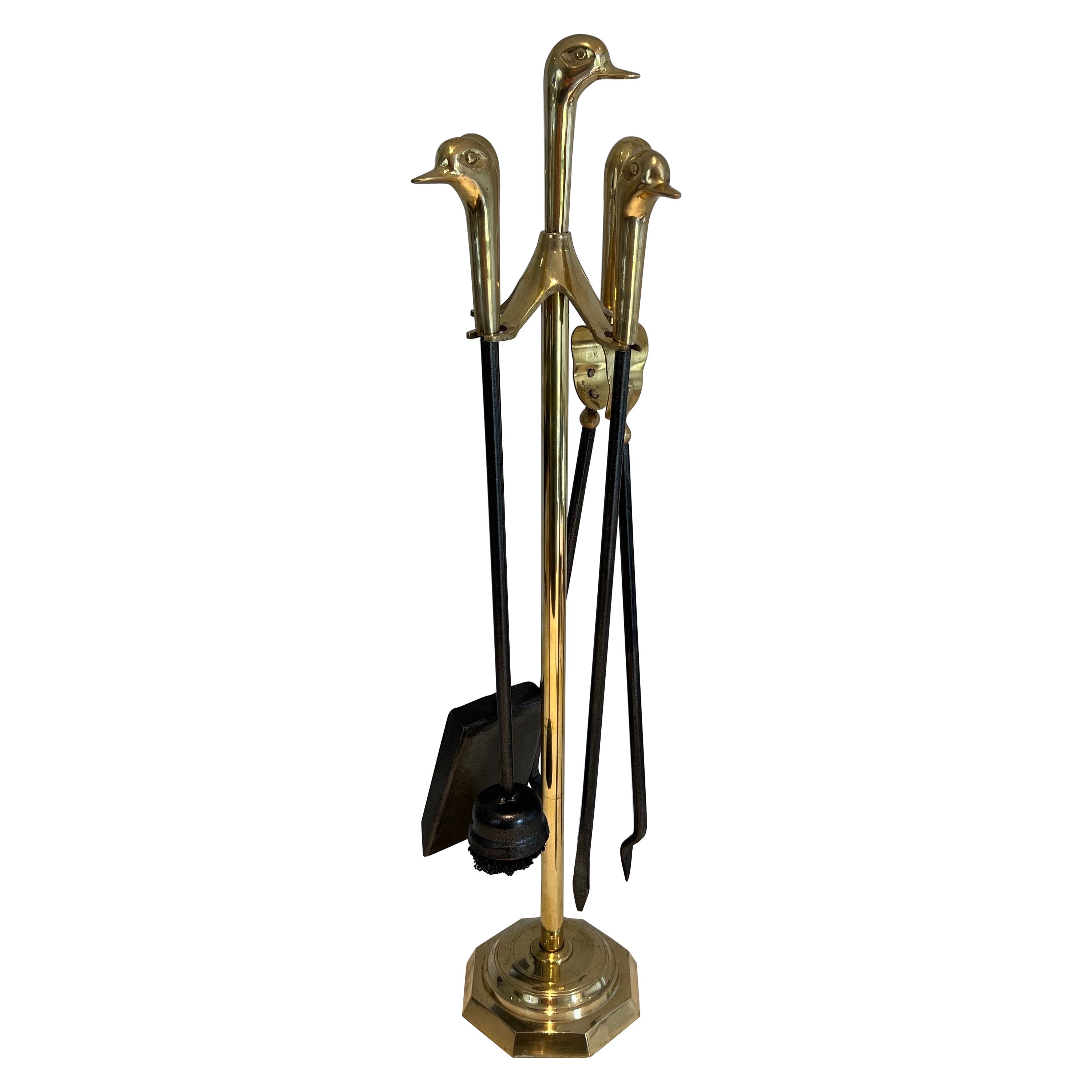 Brass and Lacquered Metal Duck Heads Fireplace Tools on Stand