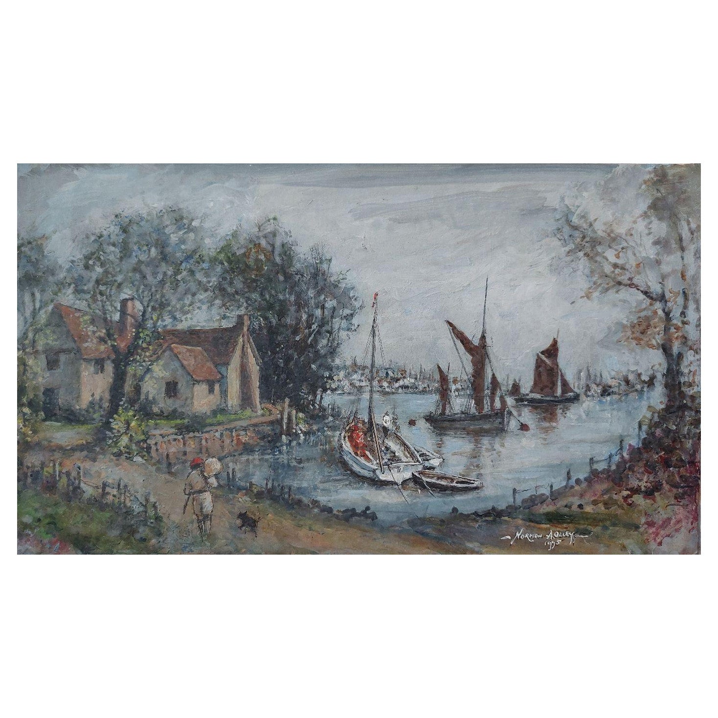 Traditionelles englisches Gemälde mit maritimen Szenen auf dem Fluss Medway, Kent, England im Angebot