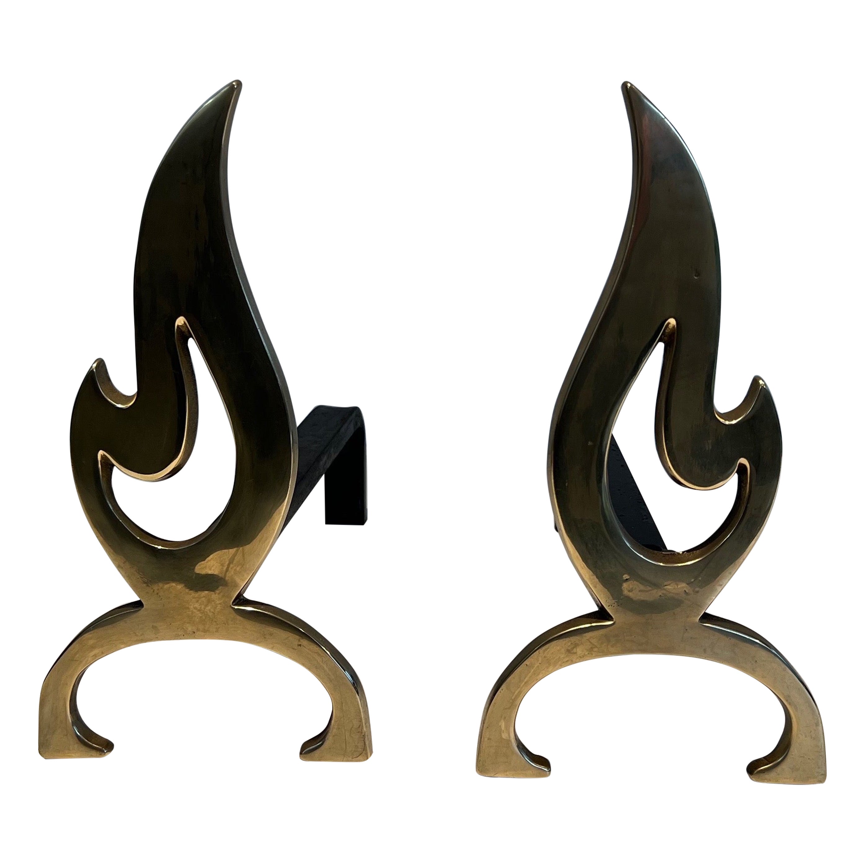 Pair of Flame Brass Andirons