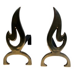 Retro Pair of Flame Brass Andirons