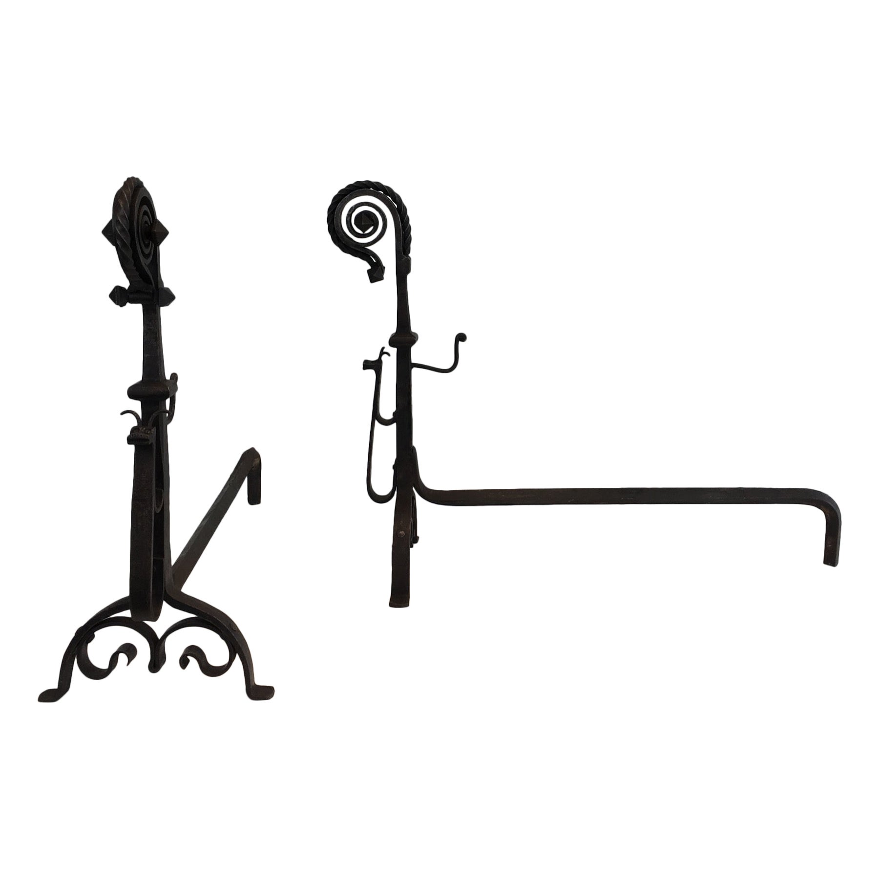 Pair of Tall Wrought Iron Andirons showing a Snail For Sale