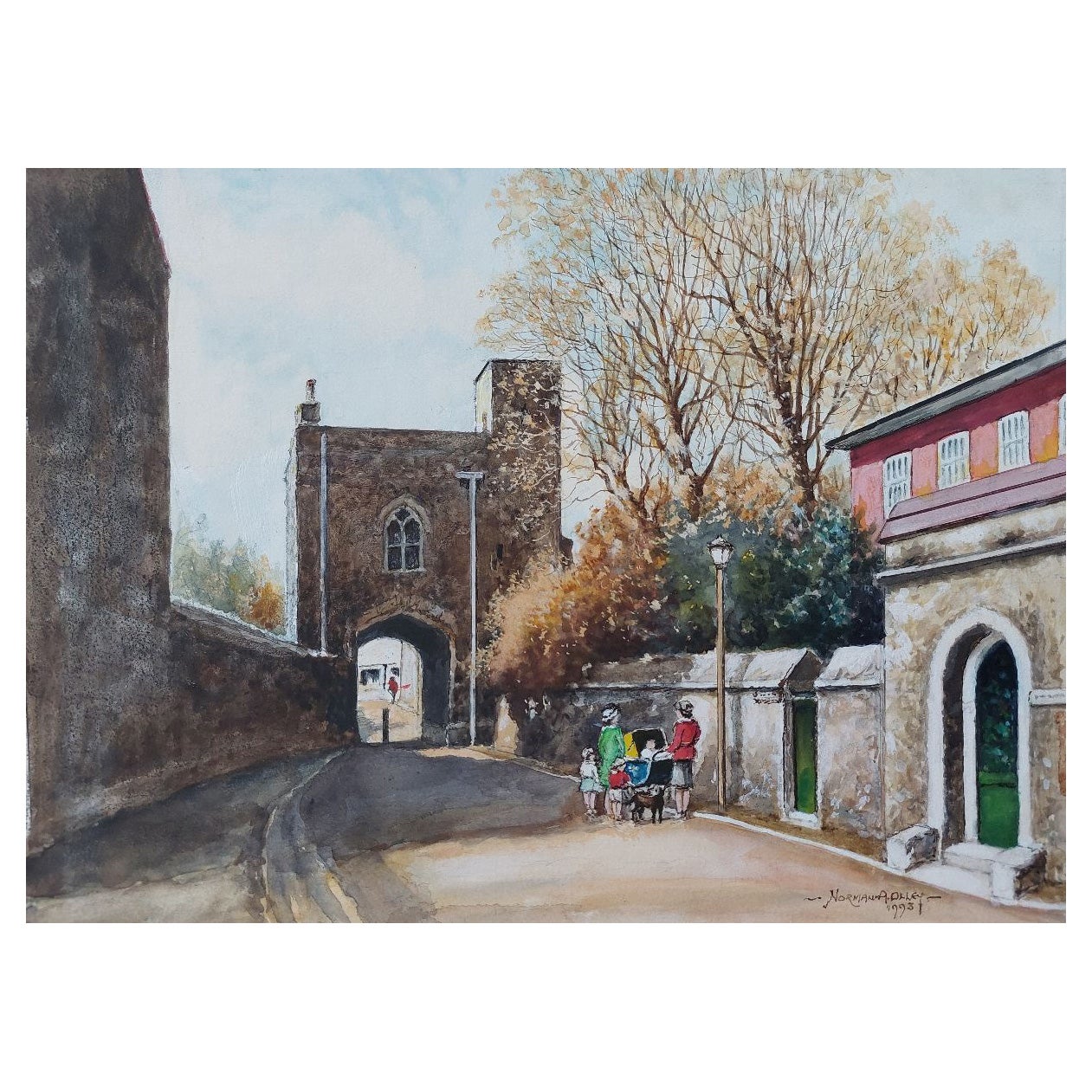 Traditionelles englisches Gemälde der Kathedrale von Rochester, Priory Gate, Kent, England im Angebot